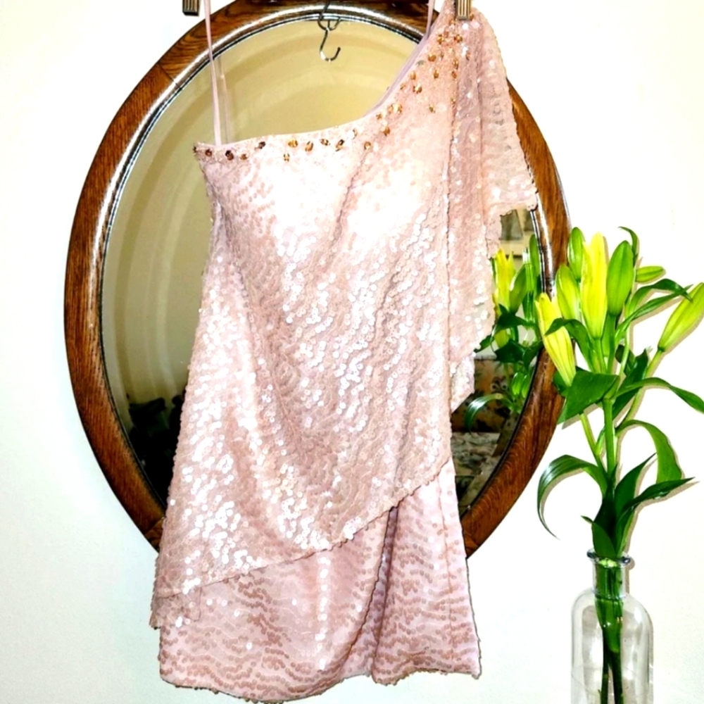 Val Stefani Couture Rose Gold Wedding Gala One Shoulder Sequin Dress